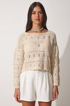 Women's Creamy Lace Boat Neck Summer Knit Top