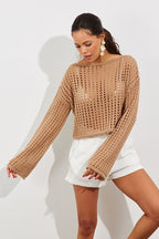 Women's Cropped Knit Top with Spanish Sleeves, Camel Lace Pattern
