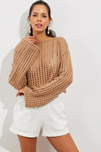 Women's Cropped Knit Top with Spanish Sleeves, Camel Lace Pattern