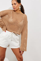 Women's Cropped Knit Top with Spanish Sleeves, Camel Lace Pattern