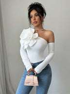 Women's Elegant Asymmetrical Collar Shirt with 3D White Flower Detail