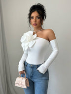 Women's Elegant Asymmetrical Collar Shirt with 3D White Flower Detail