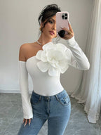 Women's Elegant Asymmetrical Collar Shirt with 3D White Flower Detail