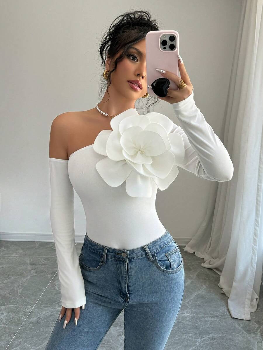 Women's Elegant Asymmetrical Collar Shirt with 3D White Flower Detail