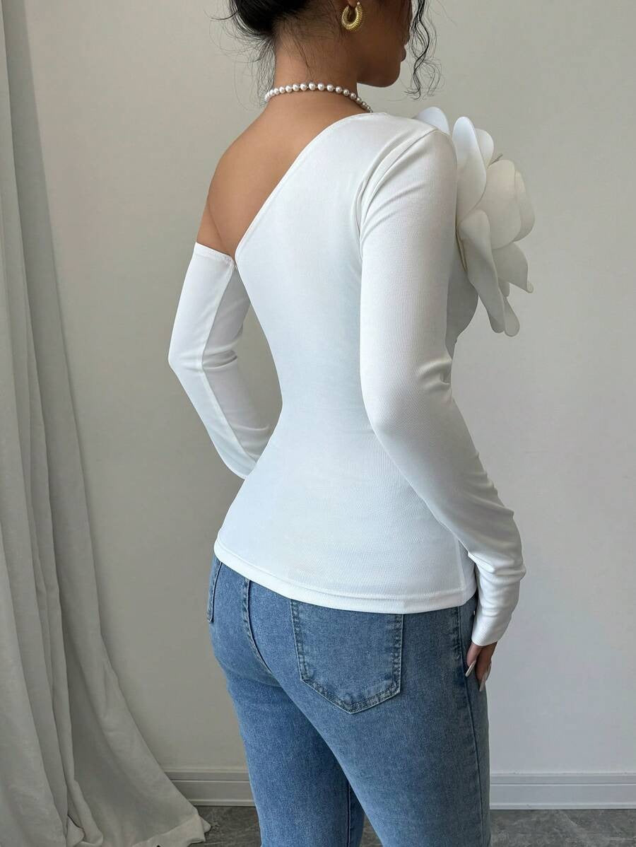 Women's Elegant Asymmetrical Collar Shirt with 3D White Flower Detail