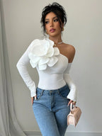 Women's Elegant Asymmetrical Collar Shirt with 3D White Flower Detail