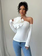 Women's Elegant Asymmetrical Collar Shirt with 3D White Flower Detail