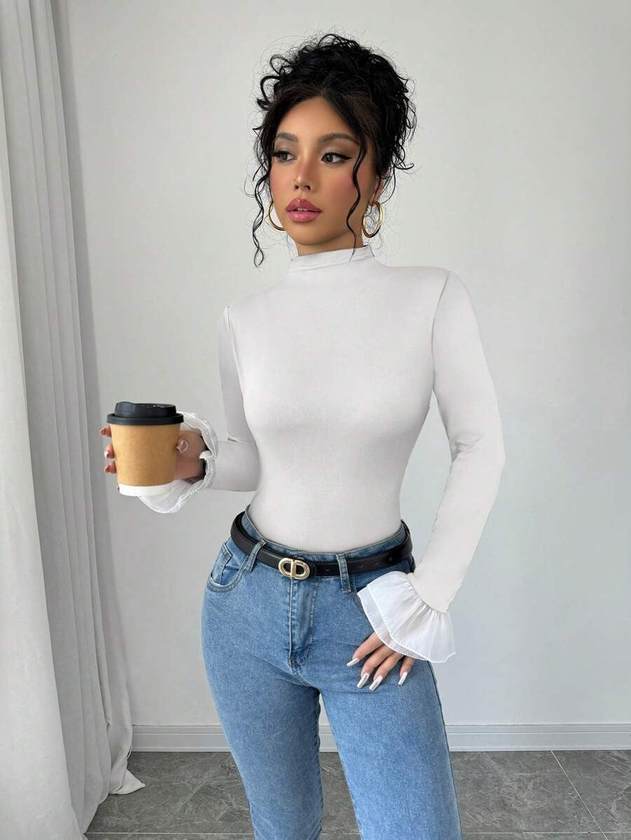 Women's Elegant Bell-Bottom Monochromatic T-Shirt, Autumn