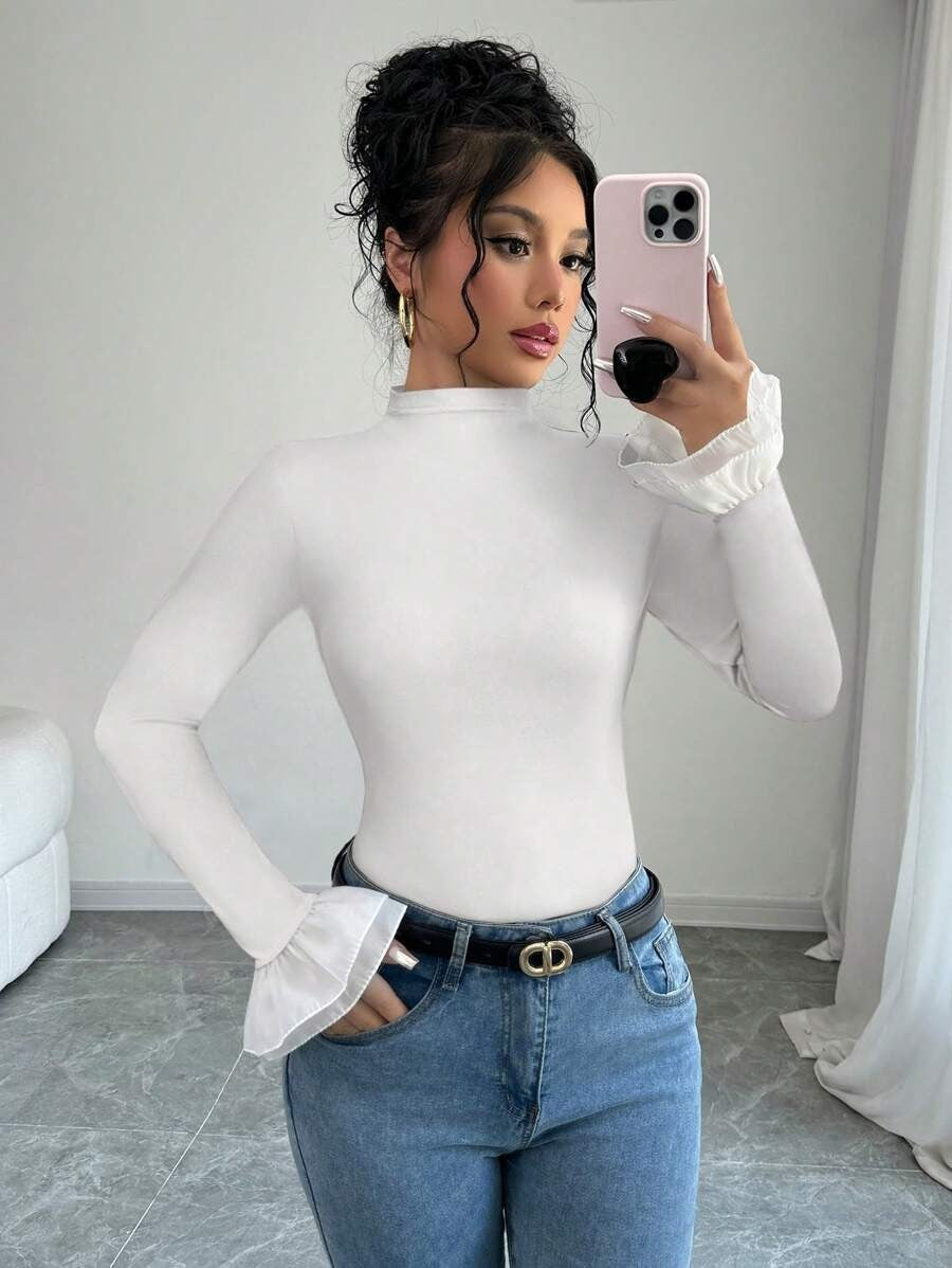 Women's Elegant Bell-Bottom Monochromatic T-Shirt, Autumn