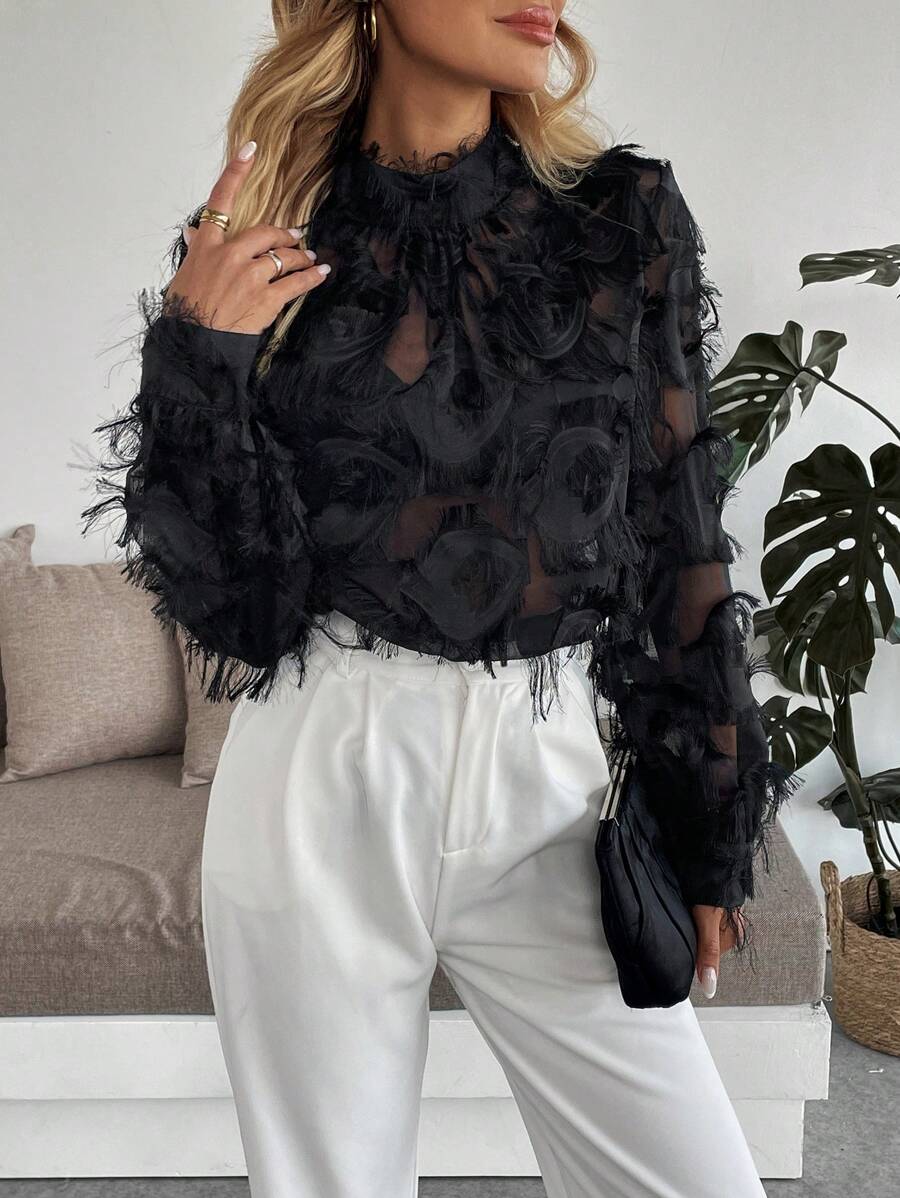 Women's Elegant Long Sleeve Black Velvet Shirt