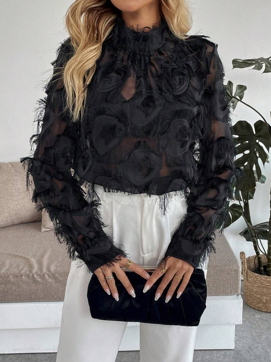 Women's Elegant Long Sleeve Black Velvet Shirt