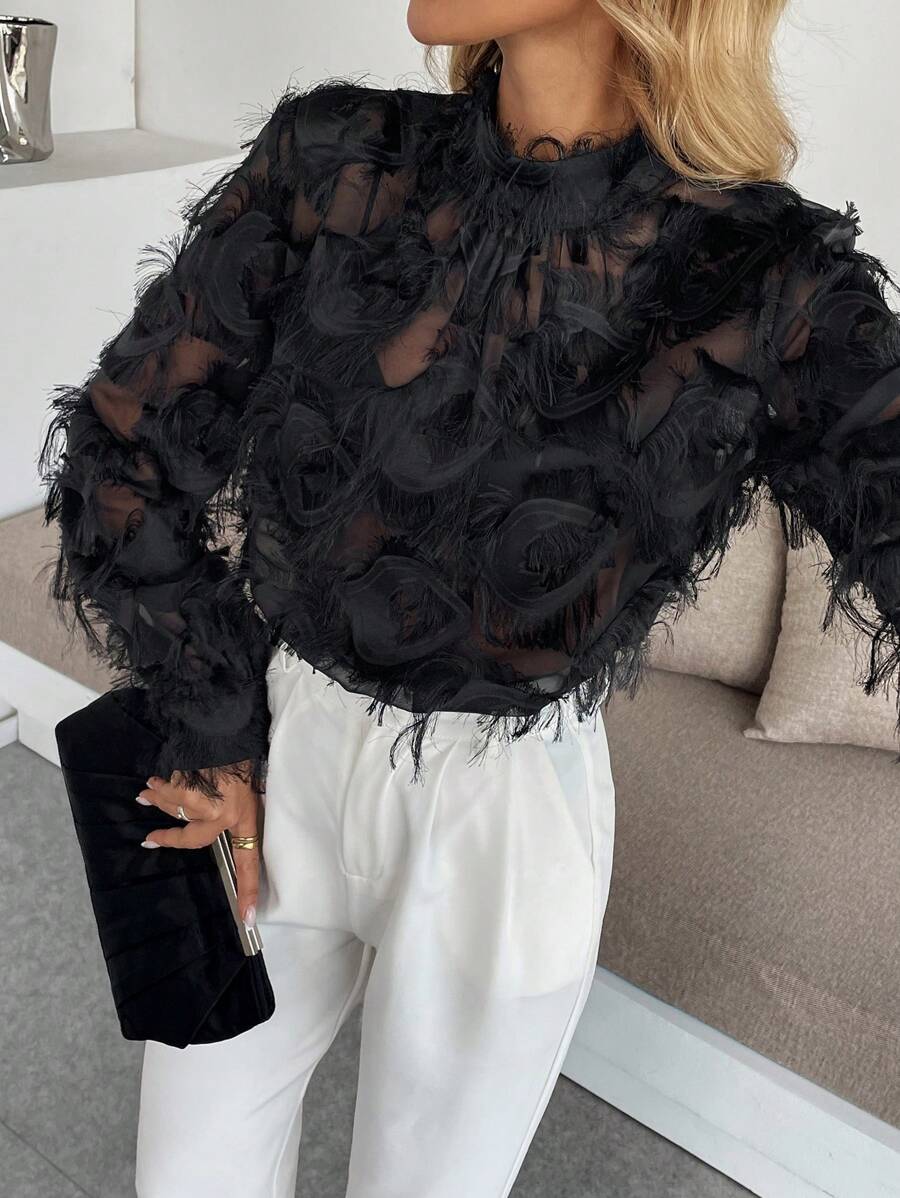 Women's Elegant Long Sleeve Black Velvet Shirt