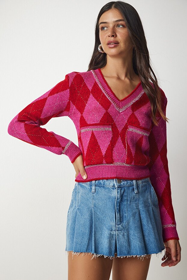 Women's Fuchsia Red Plaid Knit Sweater with Pockets