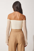 Women's Knitted Blouse with Carmen Collar, Cream Lace