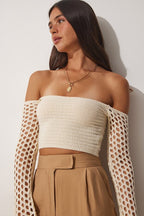 Women's Knitted Blouse with Carmen Collar, Cream Lace