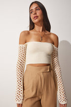 Women's Knitted Blouse with Carmen Collar, Cream Lace