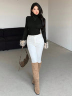 Women's Long Sleeve High Neck Tiger Print Patchwork Fleece T-Shirt, Autumn Women's Clothing