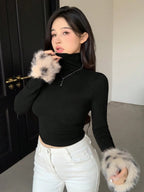 Women's Long Sleeve High Neck Tiger Print Patchwork Fleece T-Shirt, Autumn Women's Clothing