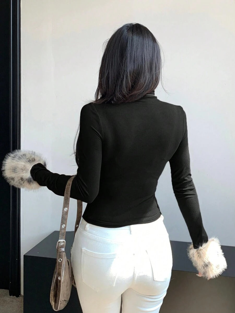 Women's Long Sleeve High Neck Tiger Print Patchwork Fleece T-Shirt, Autumn Women's Clothing