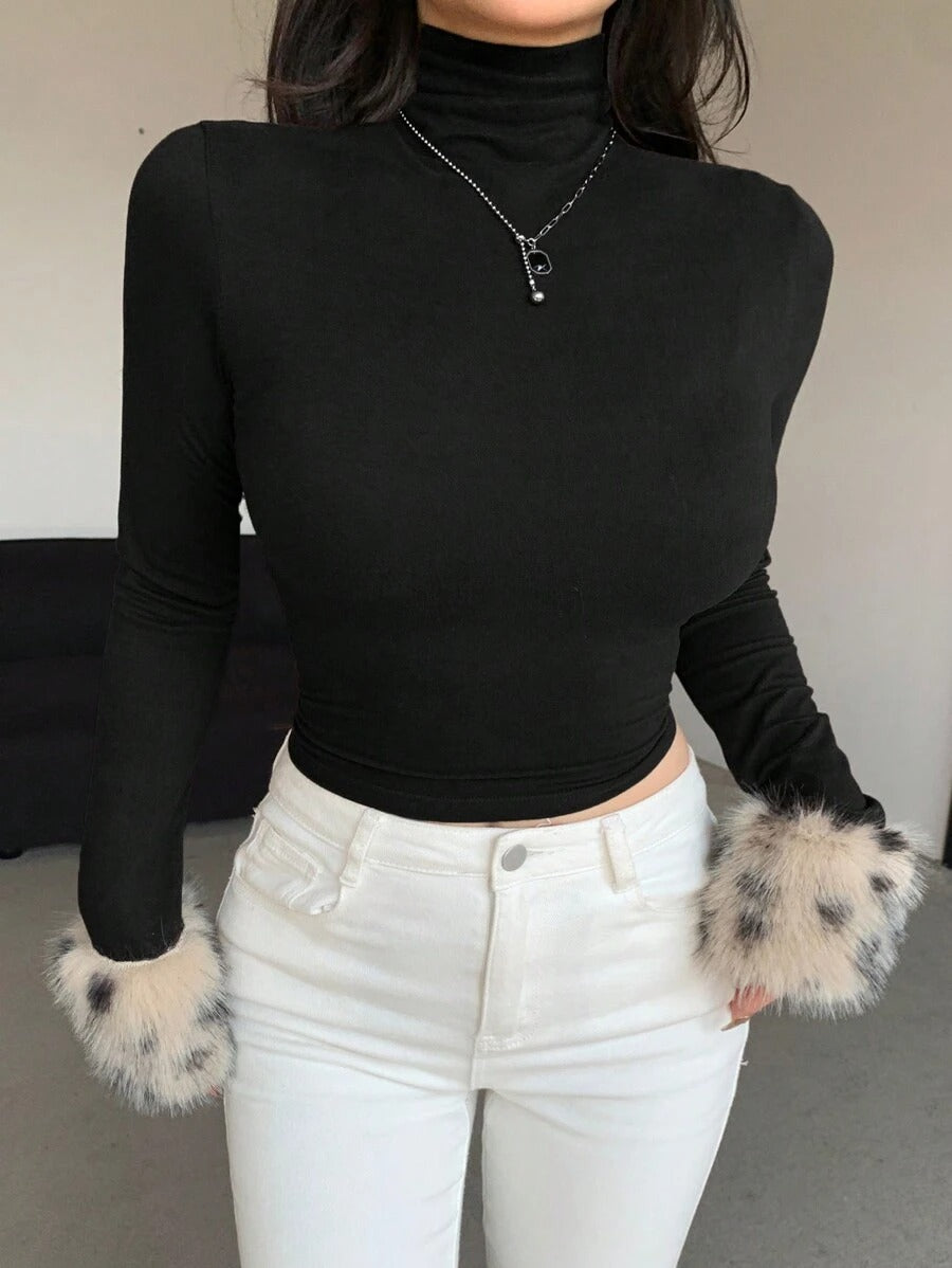 Women's Long Sleeve High Neck Tiger Print Patchwork Fleece T-Shirt, Autumn Women's Clothing