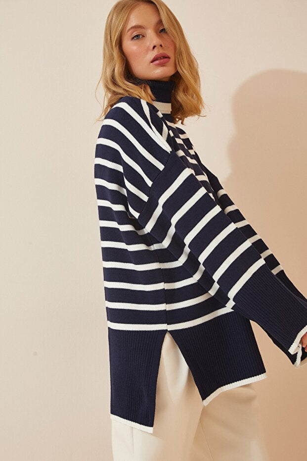 Women's Oversized Striped Dark Blue and White Knit Sweater