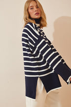 Women's Oversized Striped Dark Blue and White Knit Sweater