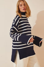 Women's Oversized Striped Dark Blue and White Knit Sweater