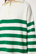 Women's Oversized Striped Knit Sweater in Green and White with Zipper and Stand Collar