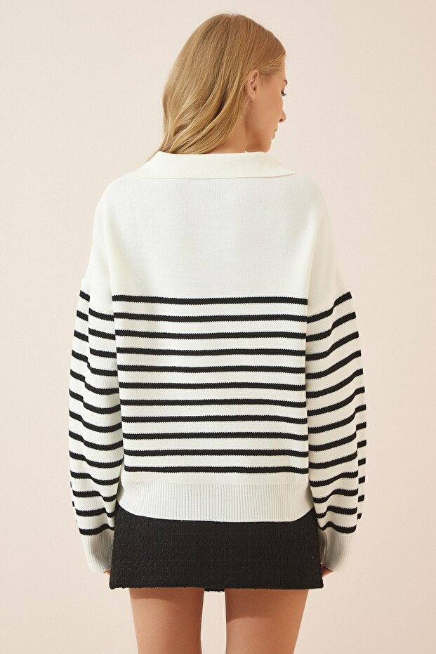 Women's Seasonal Striped Knitted Sweater with Black Bone-Shaped Polo Collar