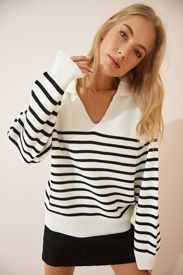 Women's Seasonal Striped Knitted Sweater with Black Bone-Shaped Polo Collar