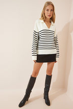 Women's Seasonal Striped Knitted Sweater with Black Bone-Shaped Polo Collar