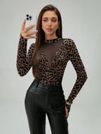 Women's Tiger Print Sheer Mesh Pajamas with Long Sleeves and Fingerholes