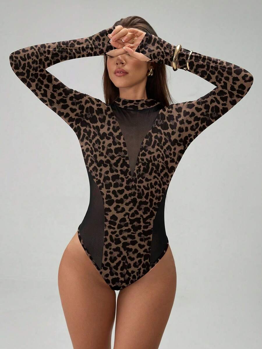 Women's Tiger Print Sheer Mesh Pajamas with Long Sleeves and Fingerholes