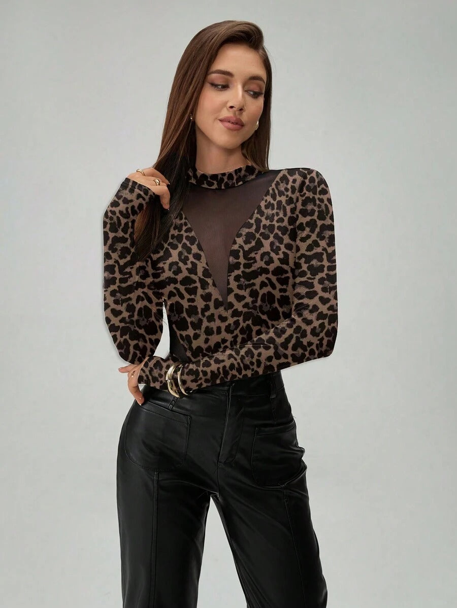 Women's Tiger Print Sheer Mesh Pajamas with Long Sleeves and Fingerholes