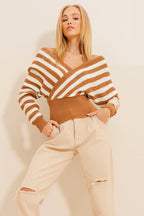 Women's Striped Double-Breasted Caramel Jacket