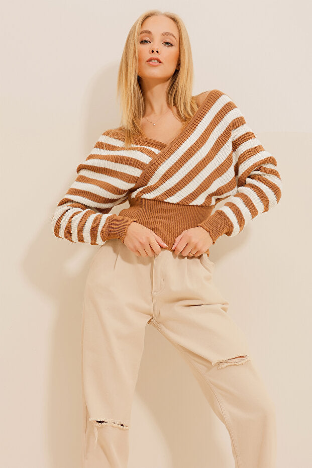 Women's Striped Double-Breasted Caramel Jacket