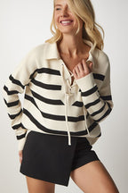 Women's Striped Knit Sweater with Drawstring and Cream Collar