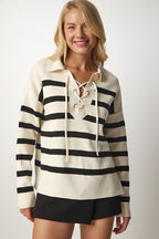 Women's Striped Knit Sweater with Drawstring and Cream Collar