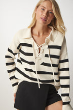 Women's Striped Knit Sweater with Drawstring and Cream Collar