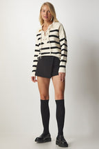 Women's Striped Knit Sweater with Drawstring and Cream Collar