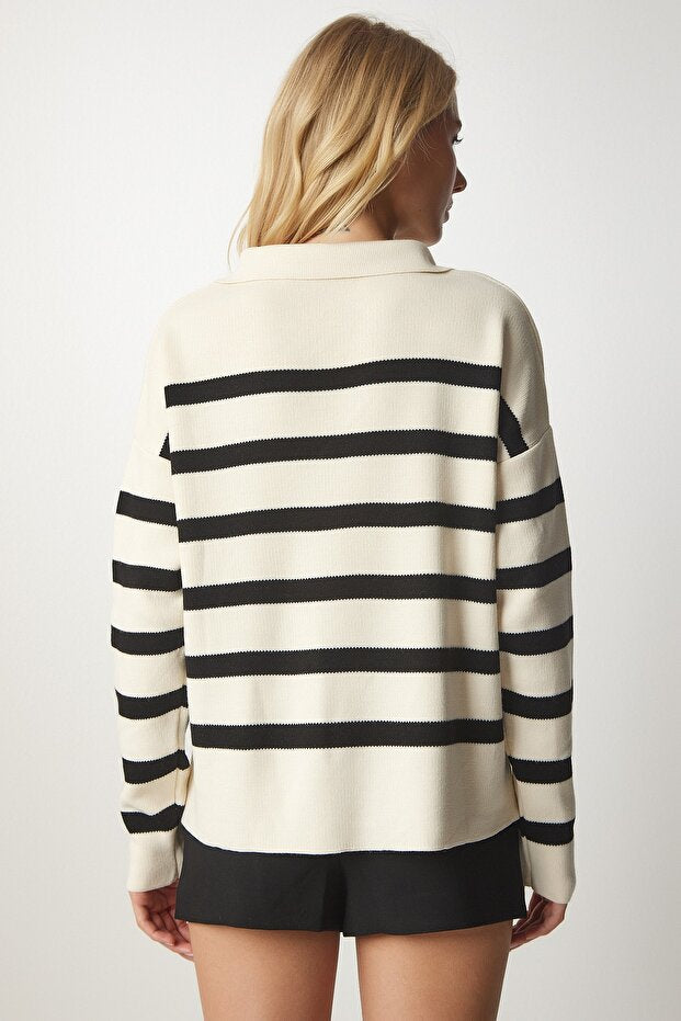Women's Striped Knit Sweater with Drawstring and Cream Collar