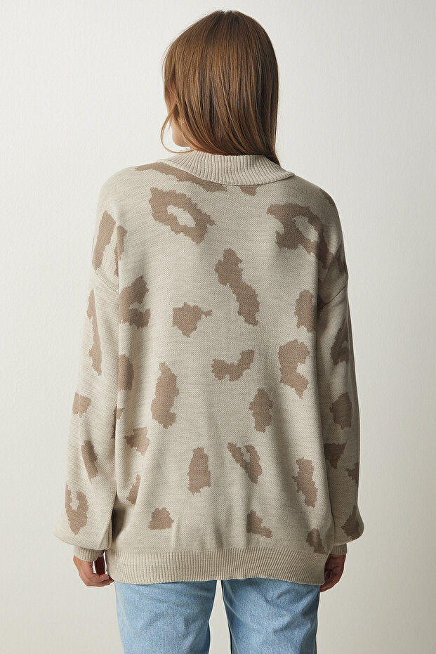 Women's Thick Knitted Stand Collar Plaid Cream