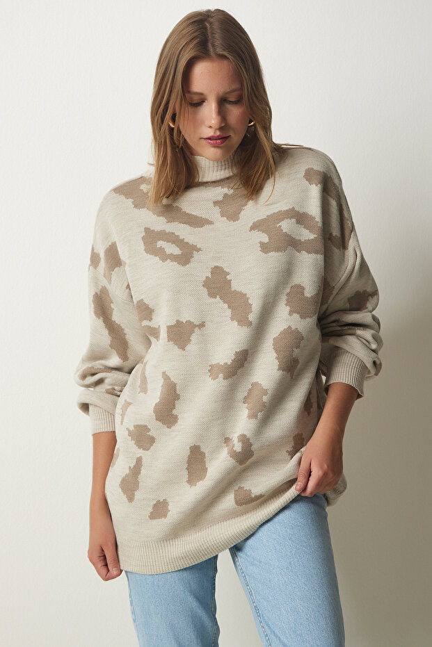 Women's Thick Knitted Stand Collar Plaid Cream