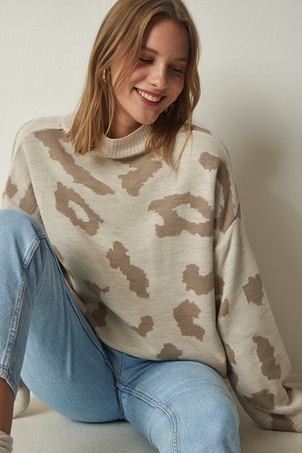 Women's Thick Knitted Stand Collar Plaid Cream