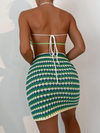 Striped Pattern Bandana Hem Tie Backless Halter Cover Up Top & Bodycon Skirt - All About Eg
