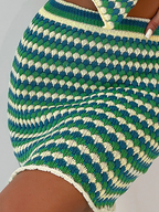 Striped Pattern Bandana Hem Tie Backless Halter Cover Up Top & Bodycon Skirt - All About Eg