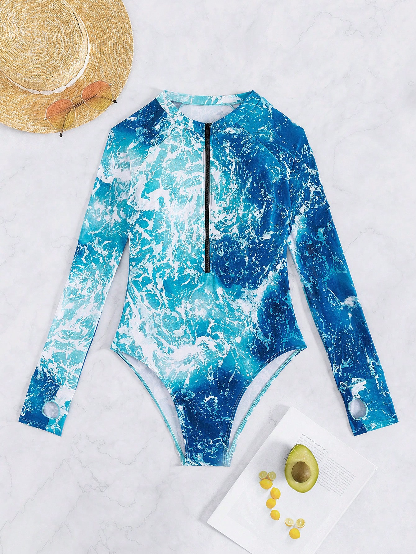 Women's Printed Half Zipper Long Sleeve One-Piece Swimsuit, Random Print - All About Eg