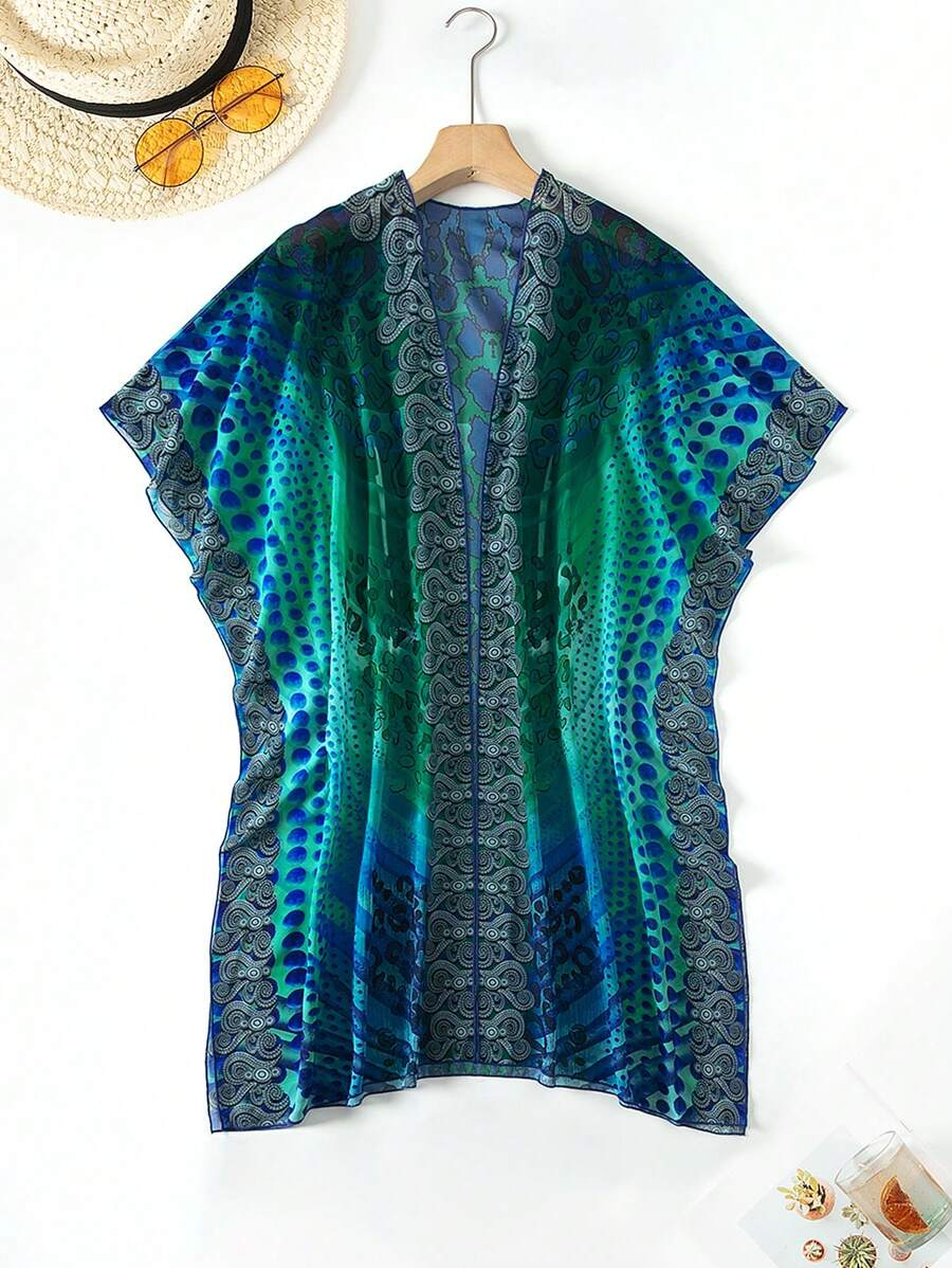 Women's Printed Kimono Cardigan With Batwing Sleeve Carnival - All About Eg