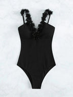 Ruffle Trim Contrast Mesh One Piece Swimsuit - All About Eg