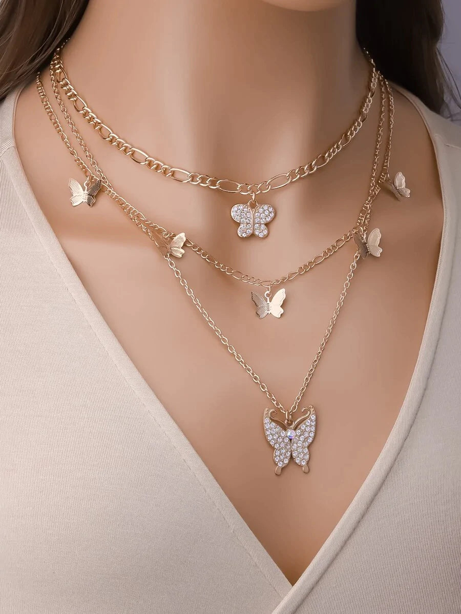 3pcs Rhinestone Butterfly Charm Necklace - All About Eg